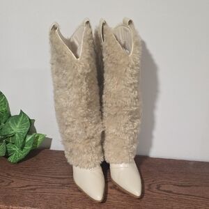 Tall Faux Fur Western Pullon Womens Boots Tan Cream Sz 8